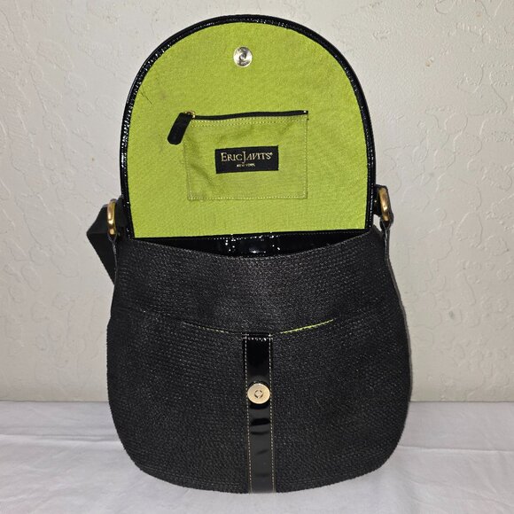 Eric Javits Medium Black Squishee Straw And Patent Leather Flap Crossbody Bag - Picture 8 of 15